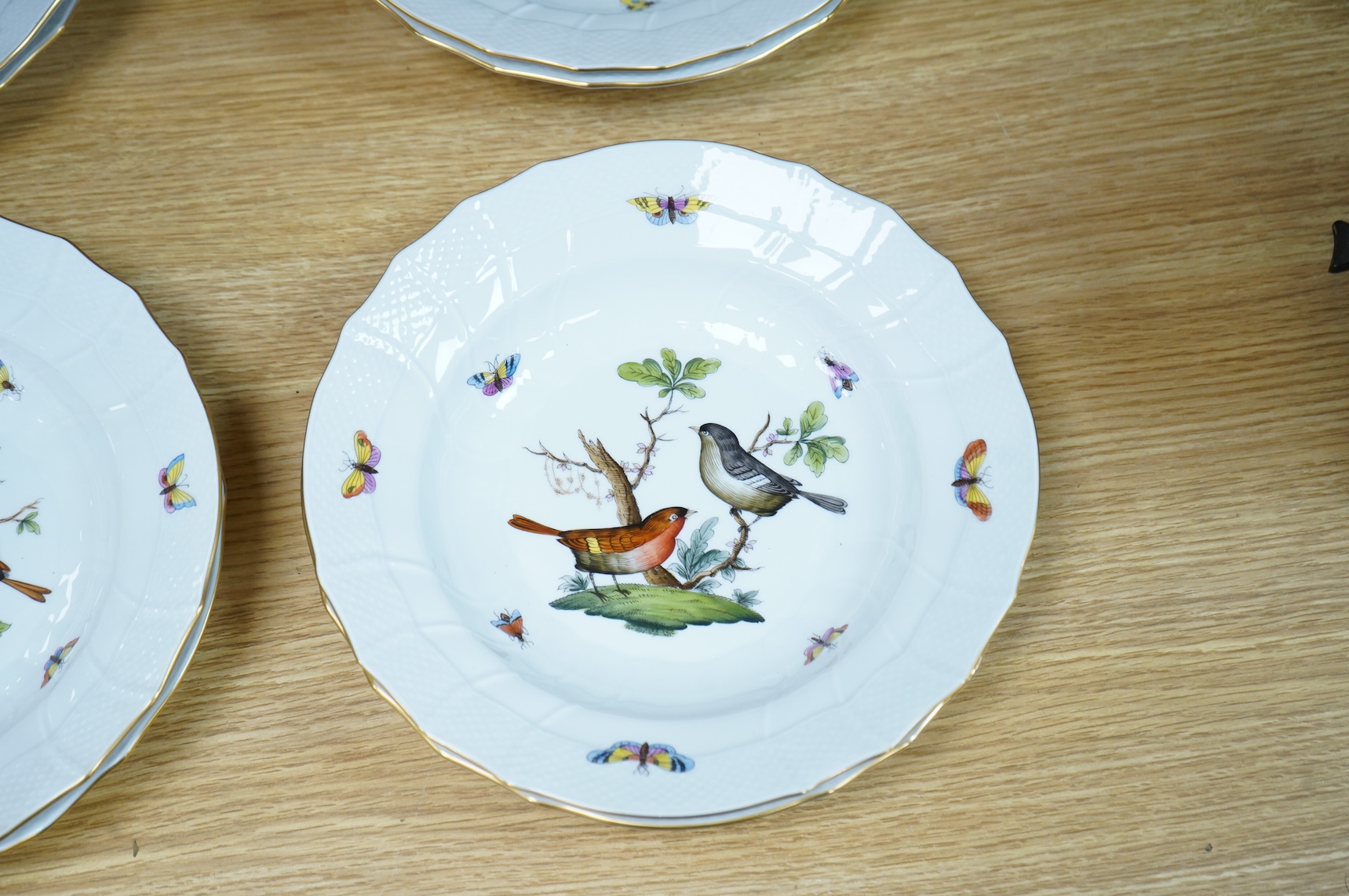 Eight Herend Rothschild 'birds' soup plates, 24cm in diameter